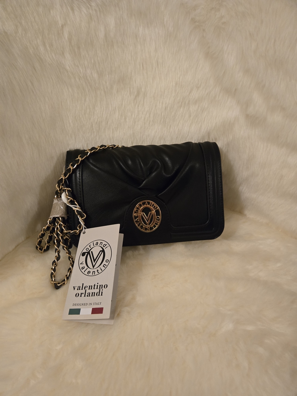 Valentino Orlandi Black Quilted Crossbody with Gold Chain